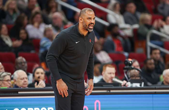 Houston Rockets' Ime Udoka coaching during a pre-season game against the Pacers.